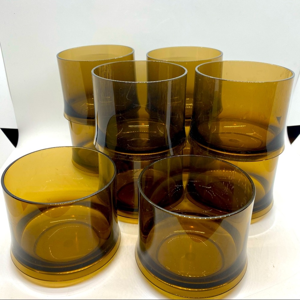 Vintage 70s Mod Brown Rocks Glasses Plastic Pool Barbecue Picnic - Set of 10